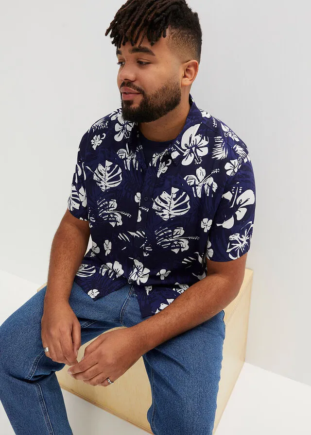 Camisa hawaiana de manga corta Azul marino de flores