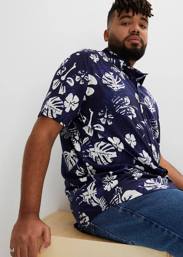 Camisa hawaiana de manga corta Azul marino de flores