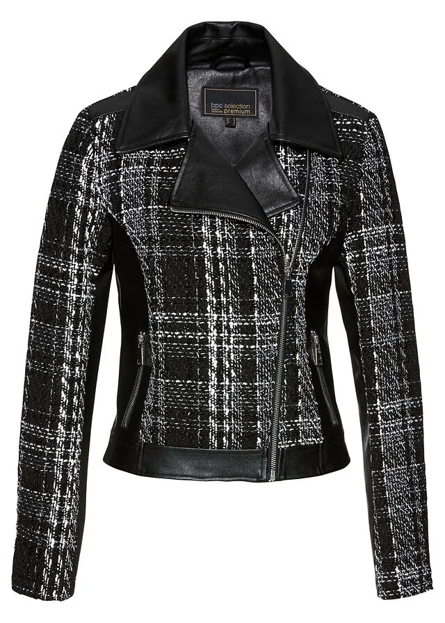 Cazadora biker con tweed Negro-blanco de cuadros