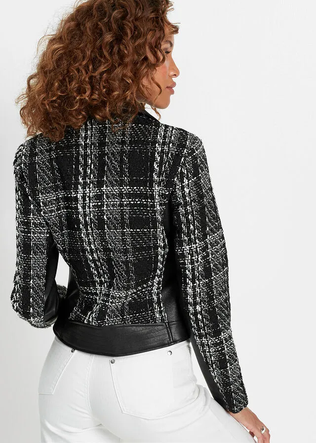 Cazadora biker con tweed Negro-blanco de cuadros