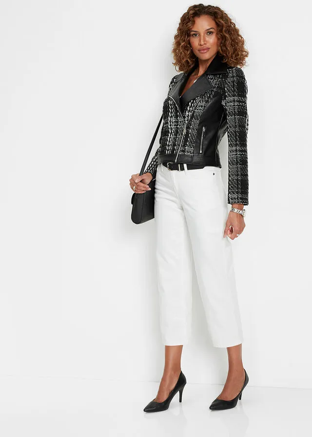 Cazadora biker con tweed Negro-blanco de cuadros