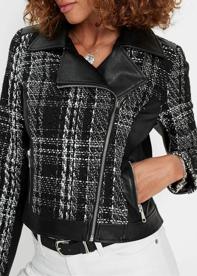 Cazadora biker con tweed Negro-blanco de cuadros