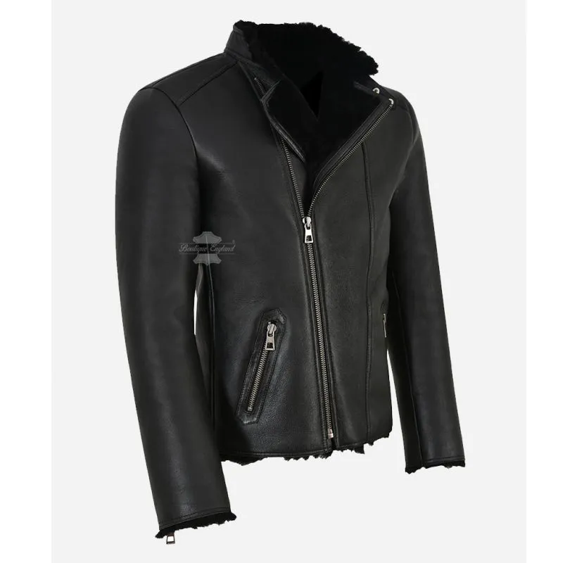 HUTSON Black Shearling Jacket Classic Biker Shearling Fur Sheepskin Jacket