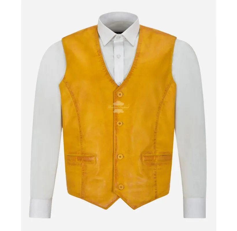 Indiana Leather Vest Men's Classic V-Neckline Leather Waistcoat