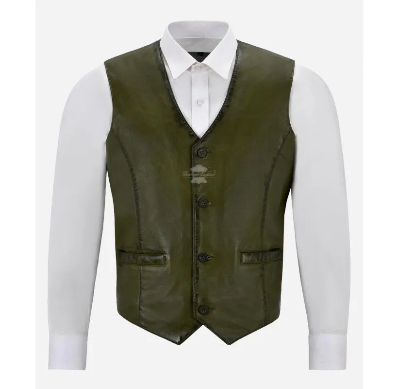 Indiana Leather Vest Men's Classic V-Neckline Leather Waistcoat