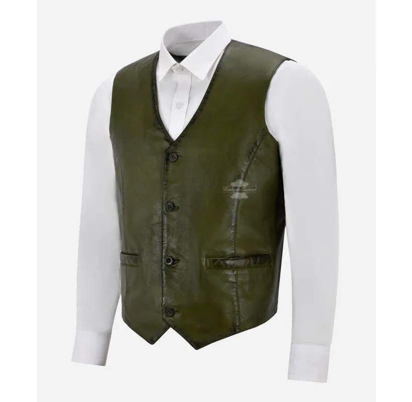 Indiana Leather Vest Men's Classic V-Neckline Leather Waistcoat