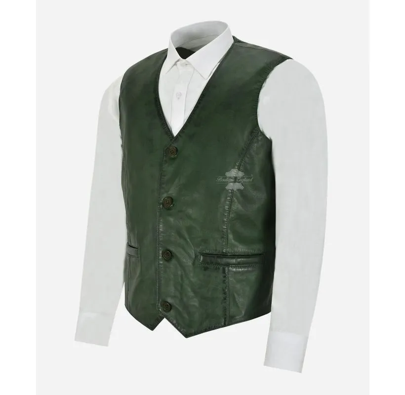 Indiana Leather Vest Men's Classic V-Neckline Leather Waistcoat