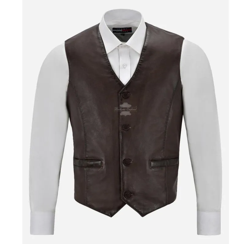 Indiana Leather Vest Men's Classic V-Neckline Leather Waistcoat