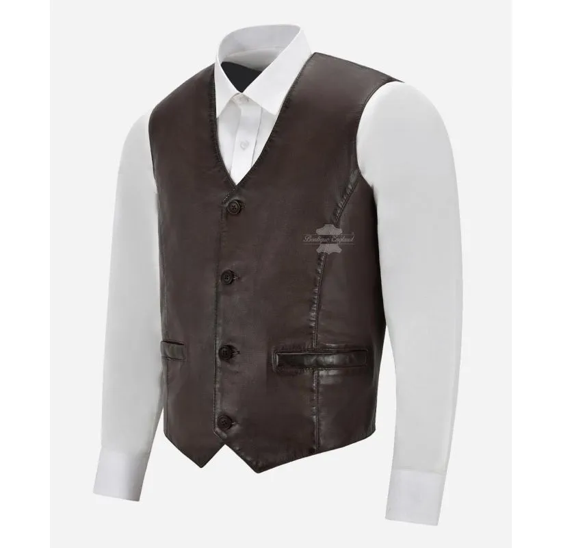 Indiana Leather Vest Men's Classic V-Neckline Leather Waistcoat