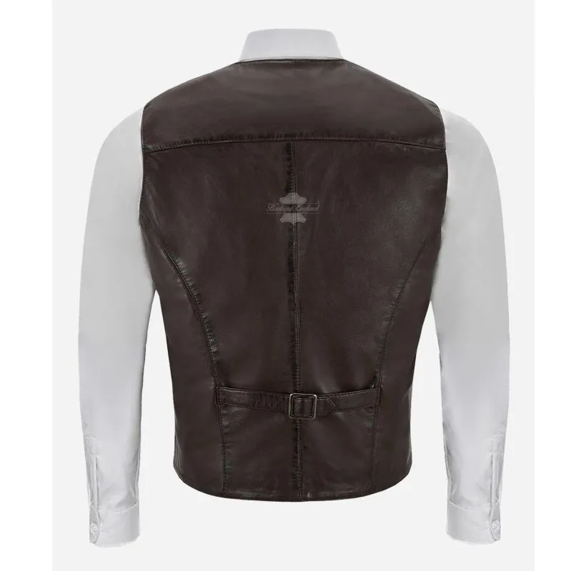 Indiana Leather Vest Men's Classic V-Neckline Leather Waistcoat