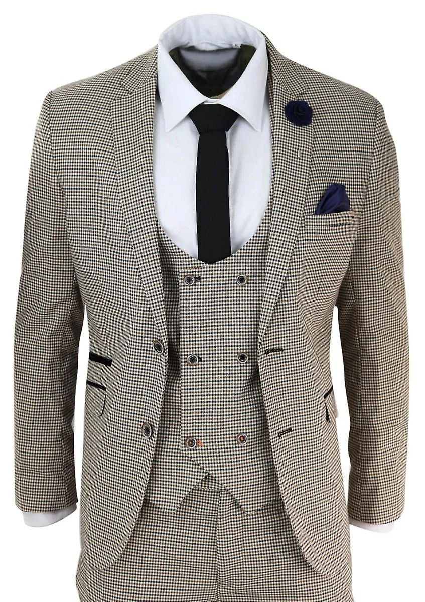 Mens 3 Piece Beige Check Retro Vintage Classic Suit