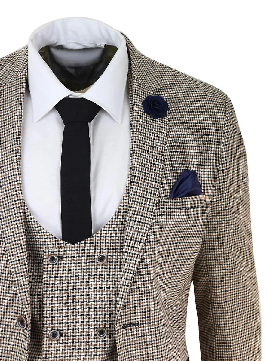 Mens 3 Piece Beige Check Retro Vintage Classic Suit