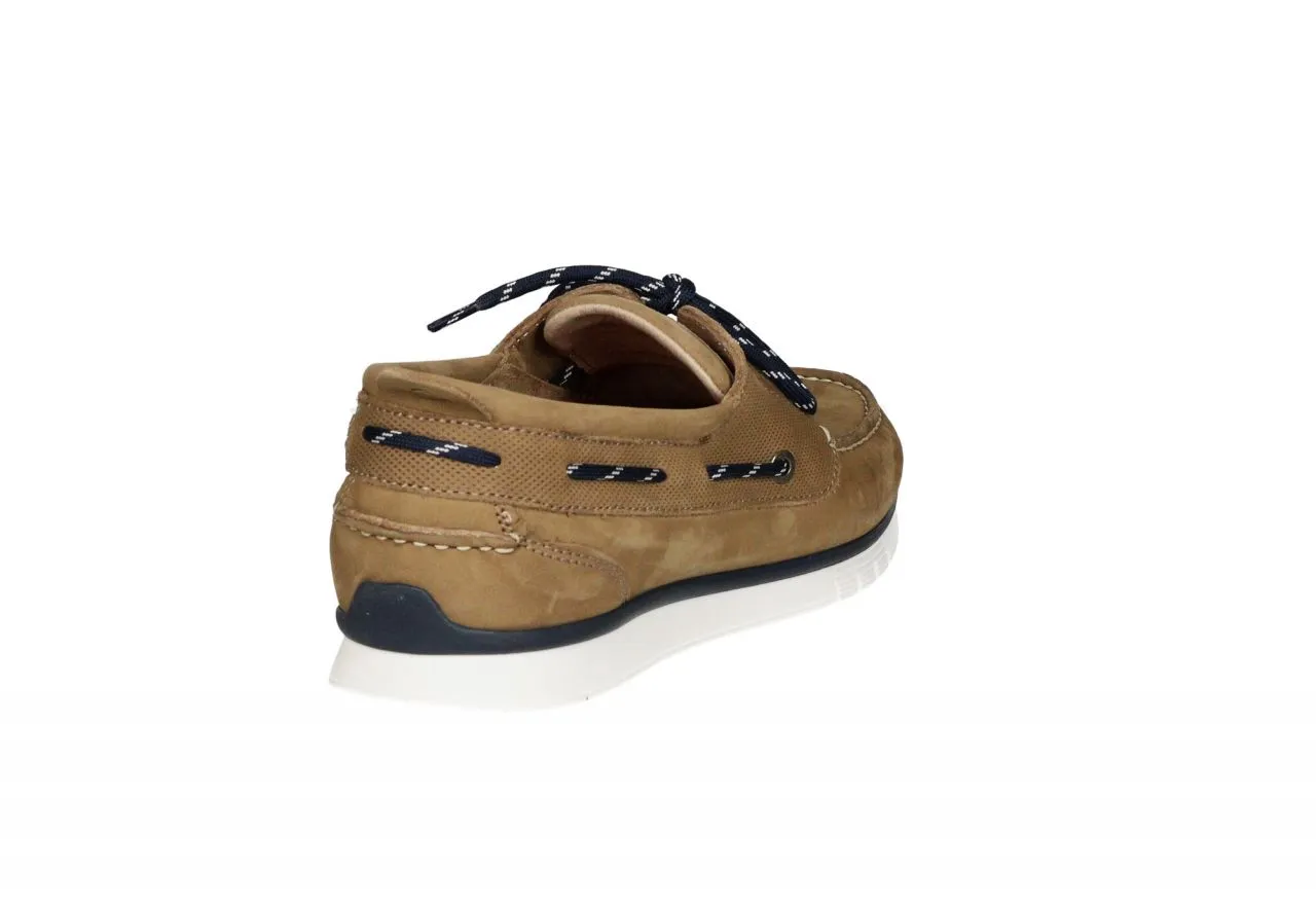 Nautico Nobuck Camel Cordon Pasado Azul/blanco Piso Blanco