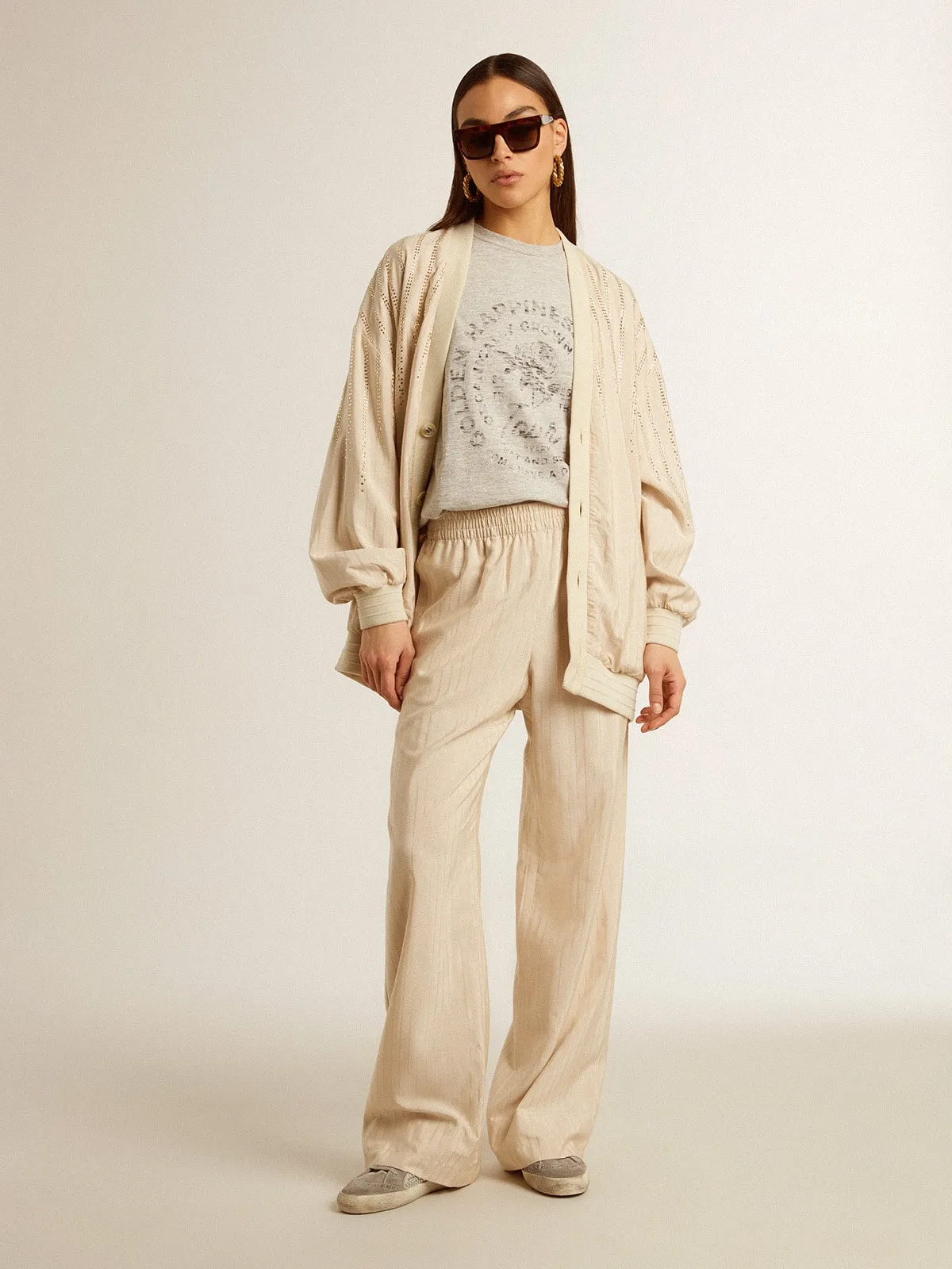 Pantalón jogger de mujer en seda y viscosa de color beige claro