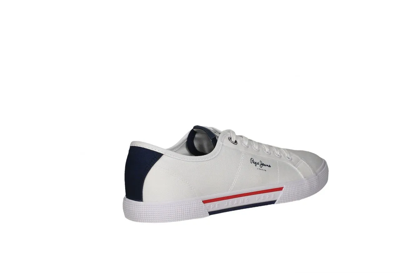 Sneaker Lona Blanco Talon Azul Piso Laterales Franja Roja/azul