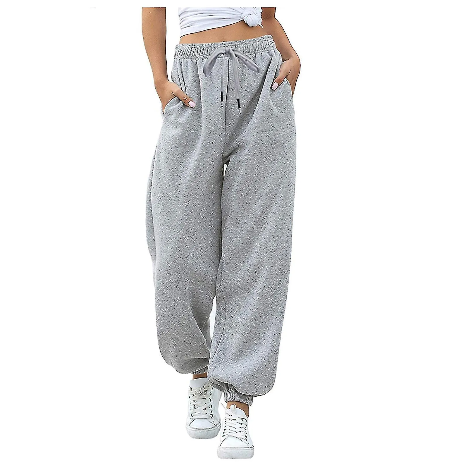 Women's Fashion Casual Solid Elastic Waist Trousers Long Straight Pants