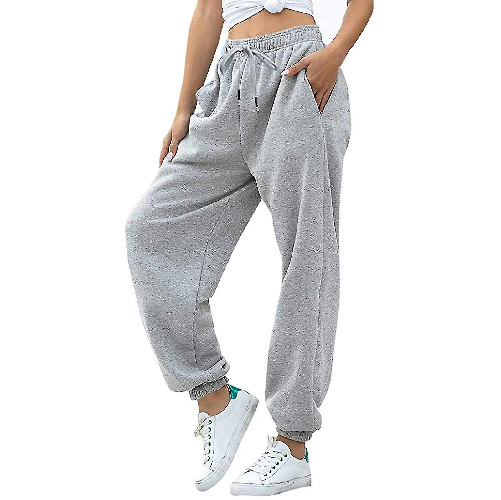 Women's Fashion Casual Solid Elastic Waist Trousers Long Straight Pants