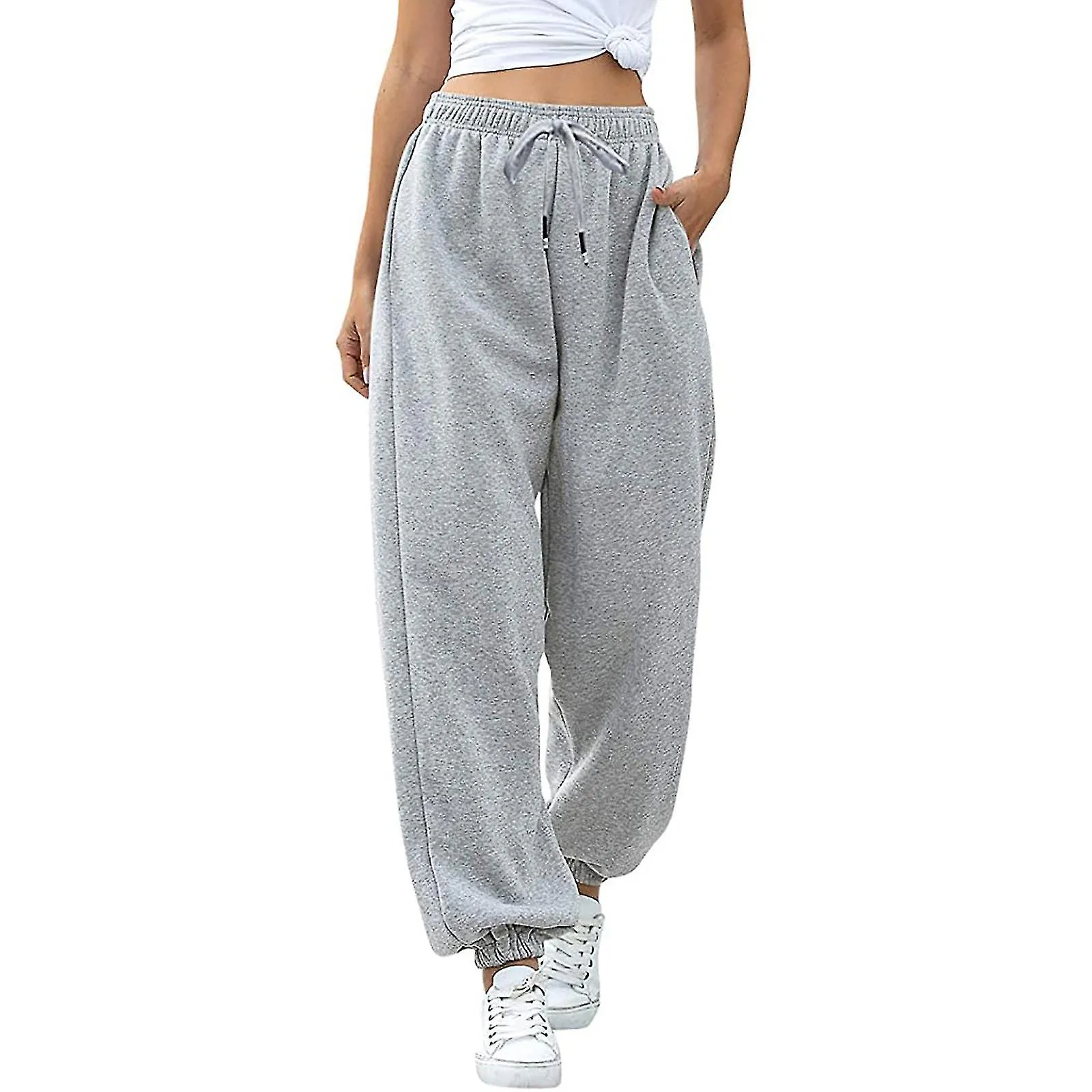 Women's Fashion Casual Solid Elastic Waist Trousers Long Straight Pants